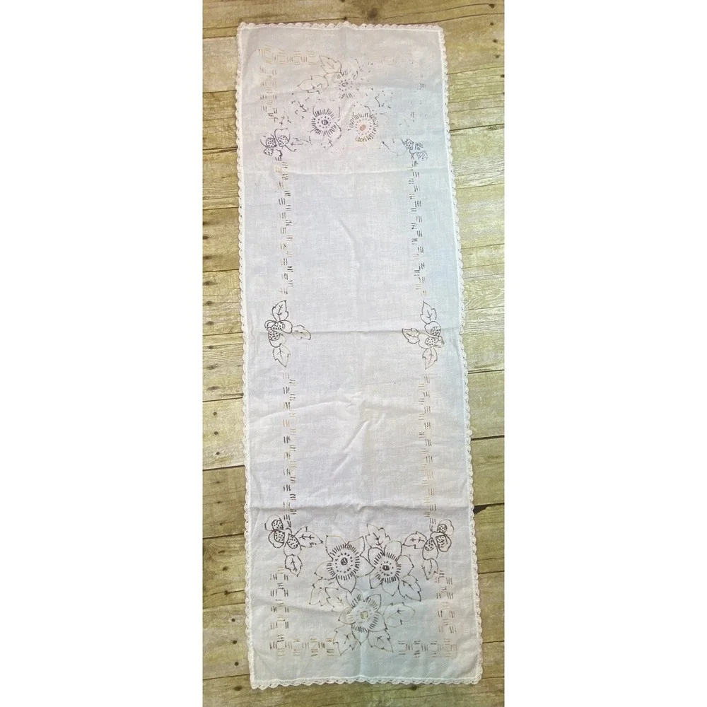 Hand Stitch Table Runner Flower Yellow Brown‎ Floral 40x30
